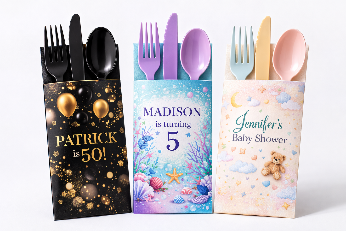 Custom Plasticware Holders | Personalized Utensil Holders | Party Favor Silverware Sleeves | Birthday, Baby Shower, Graduation, Memorial