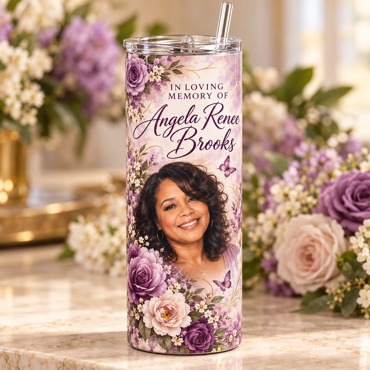 Personalized Angela Renee Brooks purple floral memorial photo tumbler