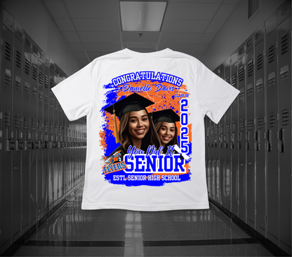 Graduation-themed t-shirt with images of two graduates in a school hallway.