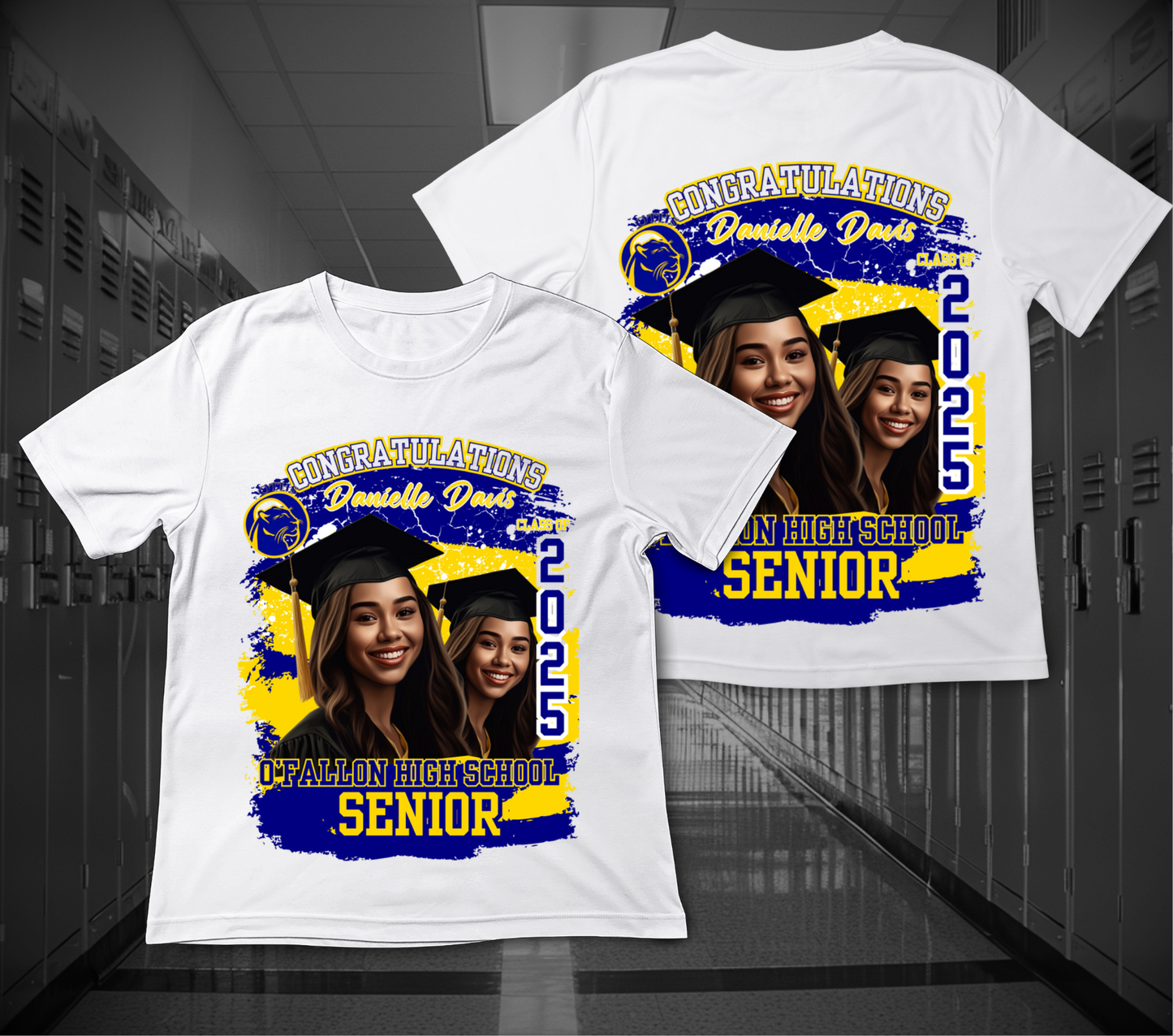Two white t-shirts with graduation-themed designs on a locker background
