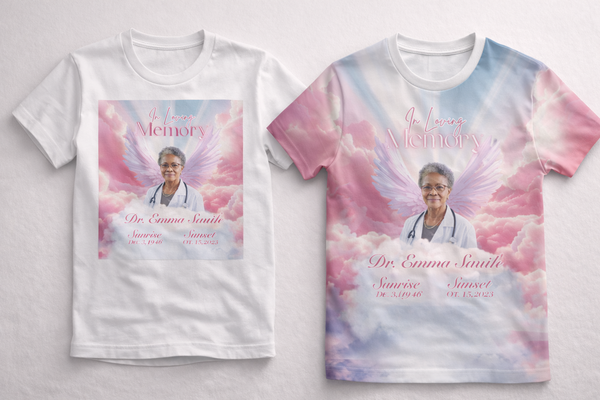 Two t-shirts with a memorial design featuring a person and text on a light gray background.