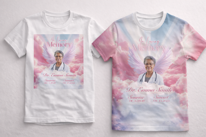 Two t-shirts with a memorial design featuring a person and text on a light gray background.