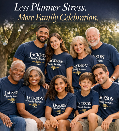 Family wearing matching blue t-shirts with 'Jackson Family Reunion' text, standing outdoors.