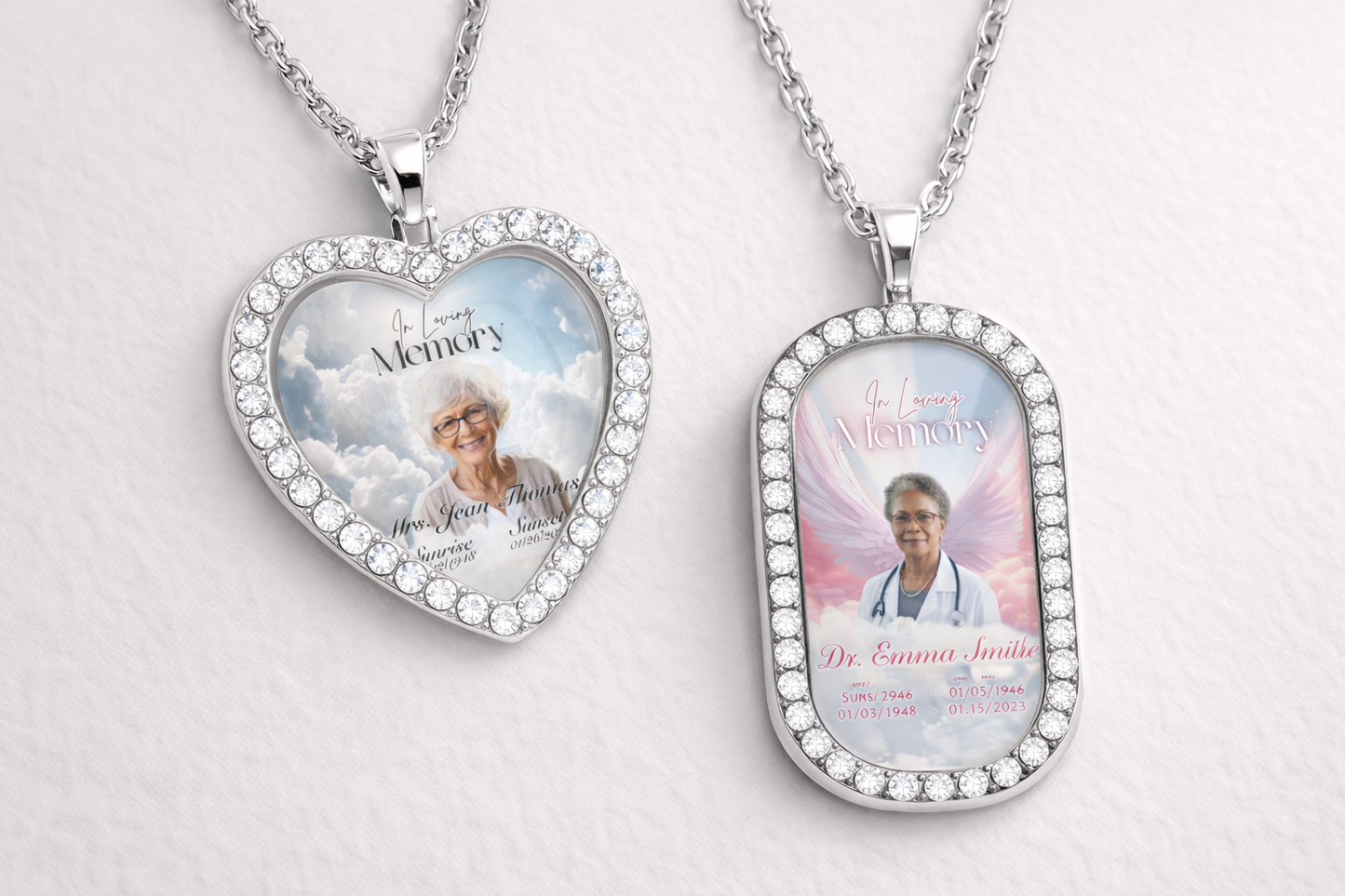 Two heart-shaped memorial pendants with images and text on a light gray background