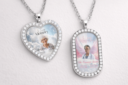 Two heart-shaped memorial pendants with images and text on a light gray background