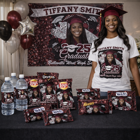 Graduating student with personalized snacks and t-shirt in front of a graduation-themed backdrop.