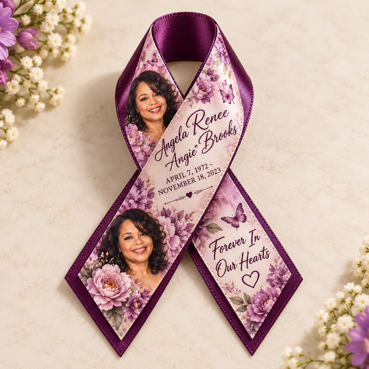 Layered Angela Renee Angie Brooks memorial photo ribbon with plum satin backing