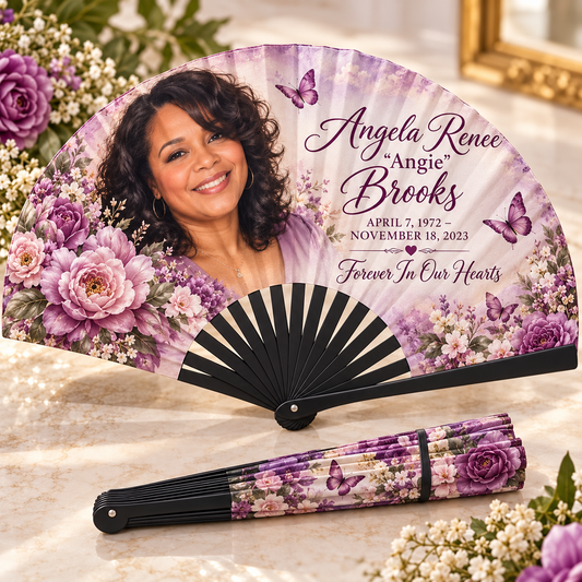 Angela Renee Angie Brooks personalized memorial clack fan shown open and folded