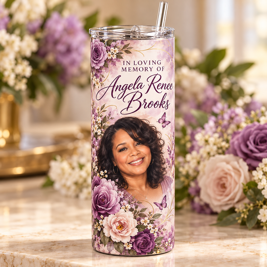 Personalized Angela Renee Brooks purple floral memorial photo tumbler