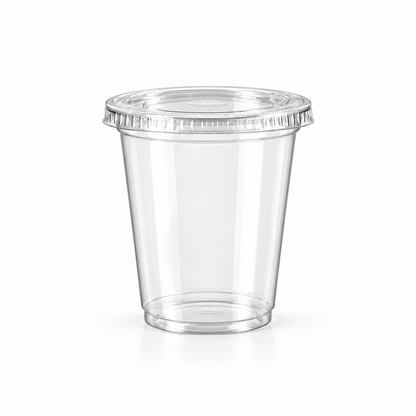 Illustrative medium clear cup with a matching flat lid