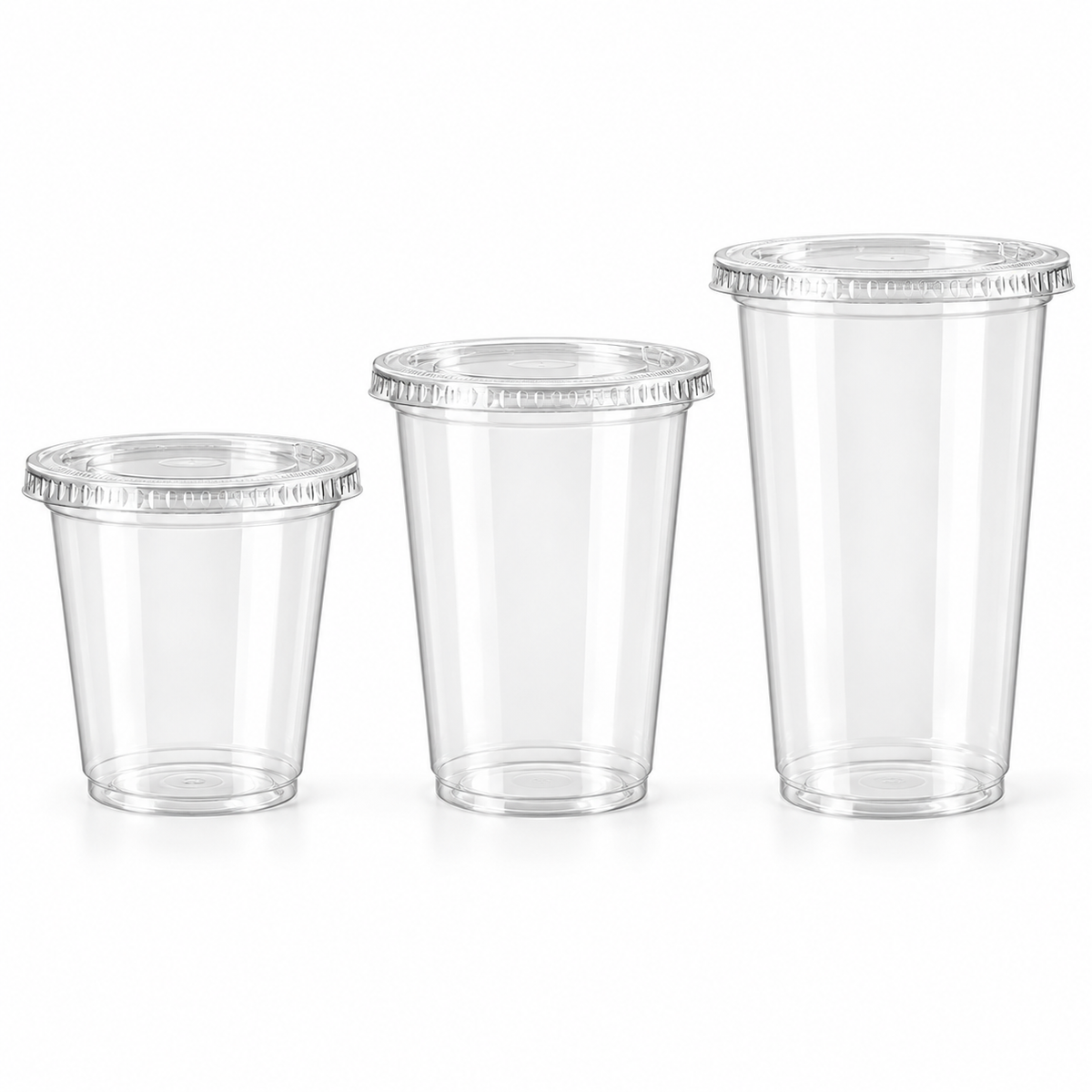 Illustrative lineup of 8 oz, 12 oz, and 16 oz clear cups with matching flat lids