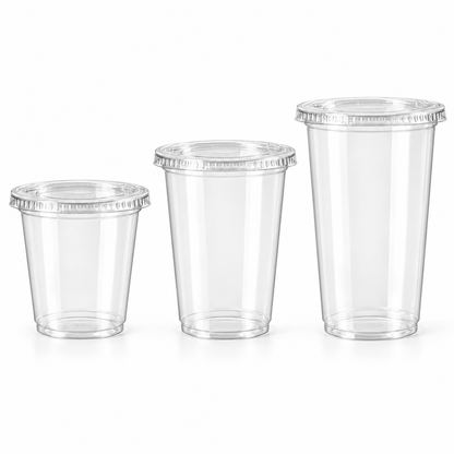 Illustrative lineup of 8 oz, 12 oz, and 16 oz clear cups with matching flat lids