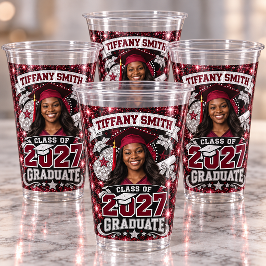 Custom graduation clear plastic cups featuring Tiffany Smith Class of 2027