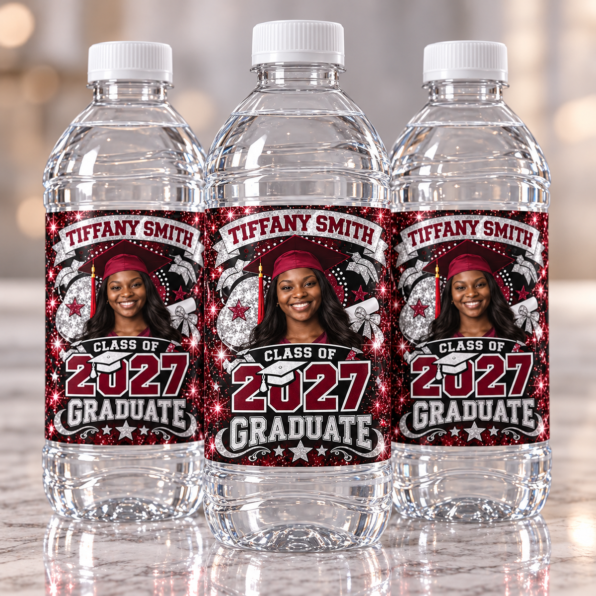 Custom graduation water bottle labels featuring Tiffany Smith Class of 2027