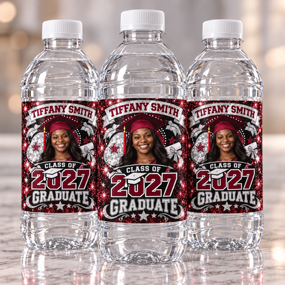 Custom graduation water bottle labels featuring Tiffany Smith Class of 2027